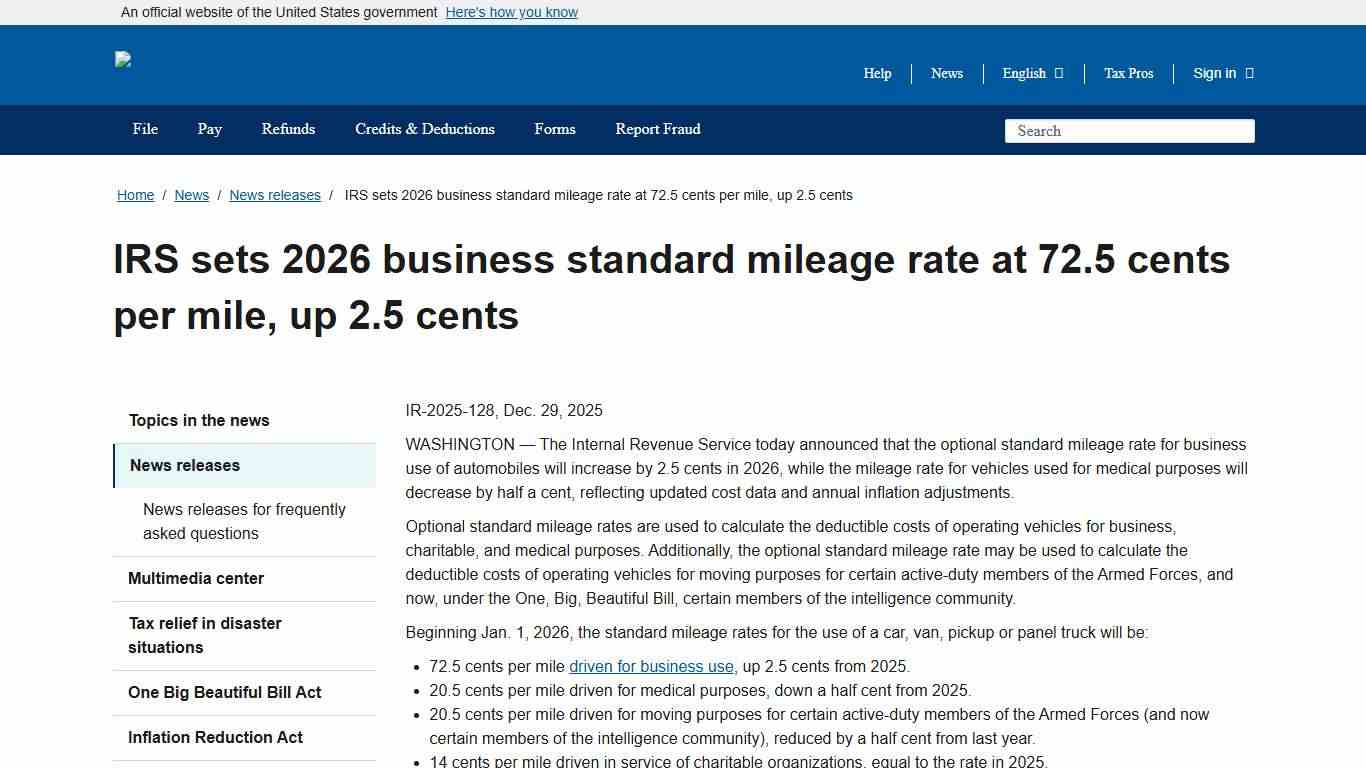 IRS sets 2026 business standard mileage rate at 72.5 cents per mile, up 2.5 cents Internal Revenue Service