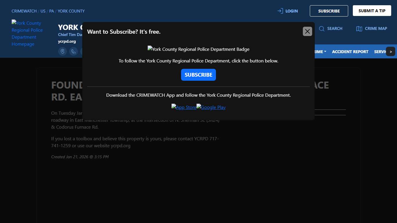 FOUND TOOLBOX - N. SHERMAN ST & CODORUS FURNACE RD. EAST MANCHESTER TWP 01/20/2026 York County Regional Police Department